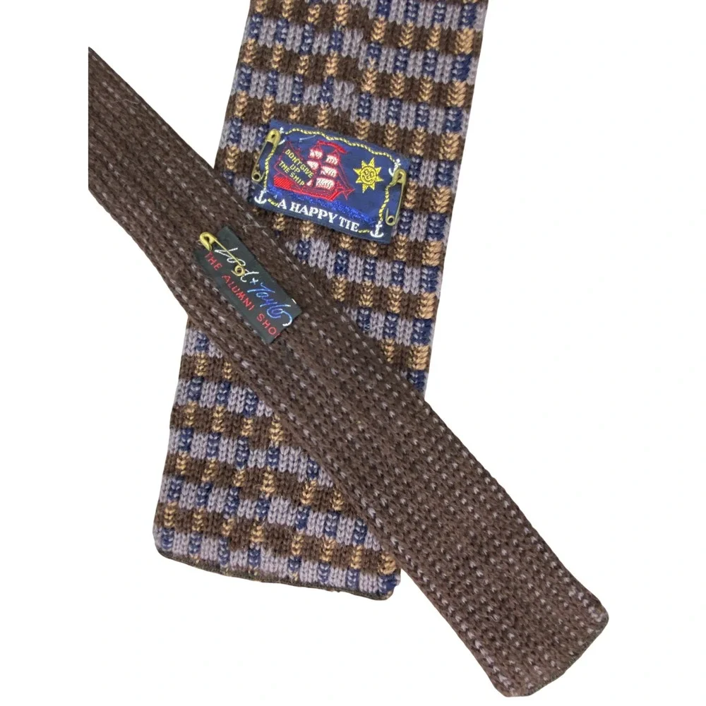 VTG Lord & Taylor Knit Tie Mens A Happy Wool Plaid Brown Blue Square End 51x3.5
